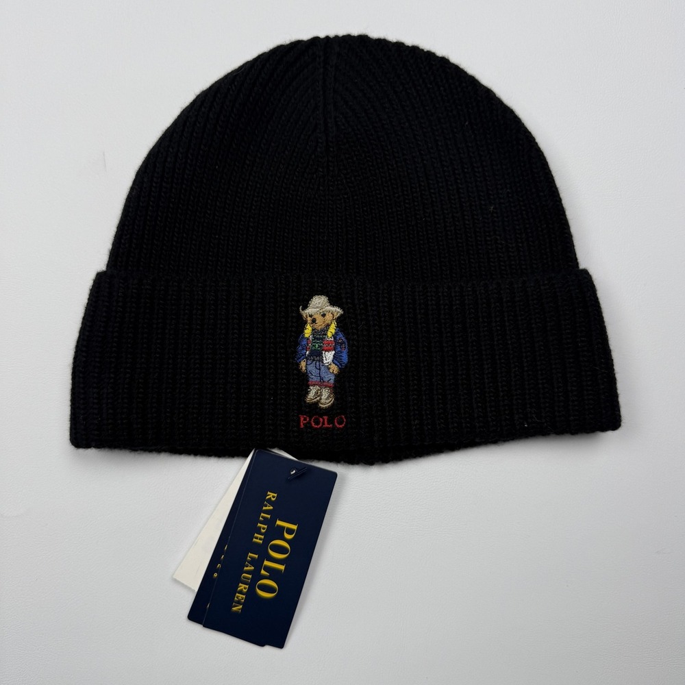 Polo Ralph Lauren Hat Beanie One Size Black Polo Bear Cowboy Knit Winter Mens